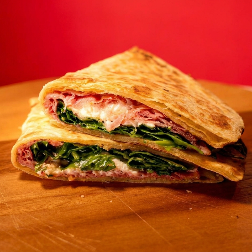 Toasted flatbread sandwich filled with sliced meat, melted cheese, and leafy greens on a wooden board.