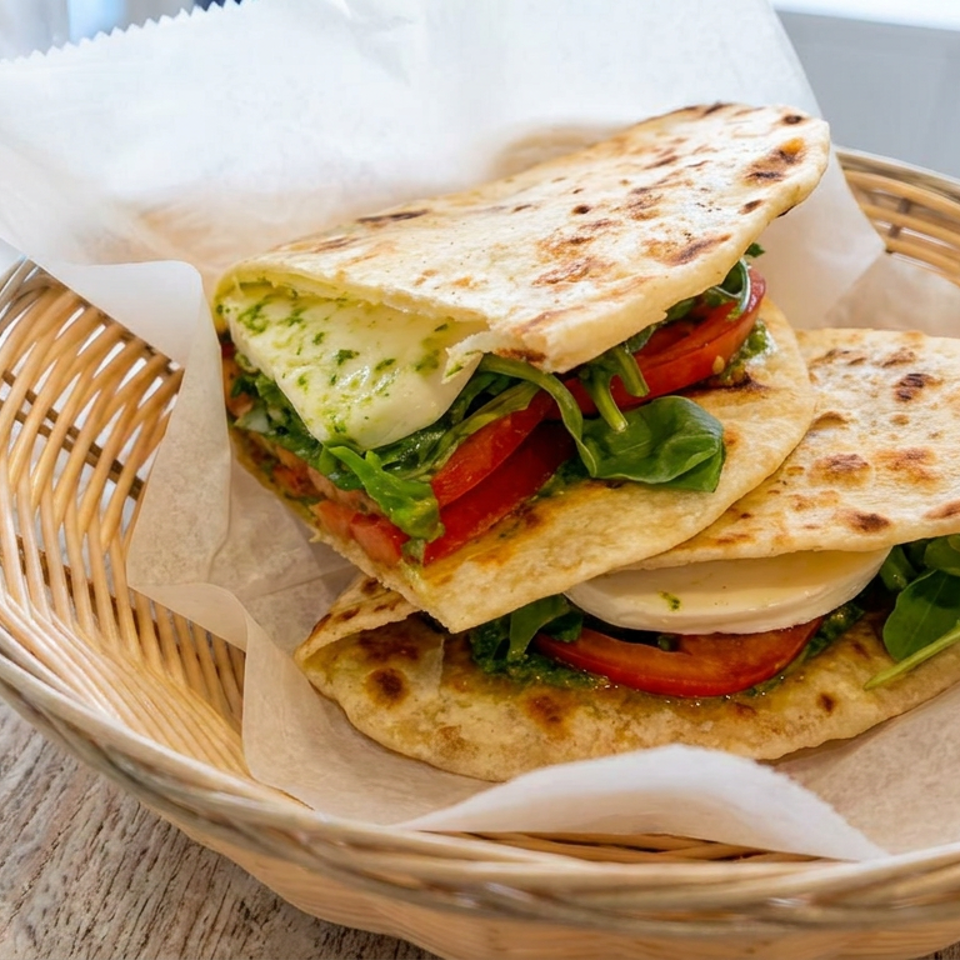 Two toasted flatbread sandwiches filled with cheese, tomatoes, leafy greens, and herbs sit in a wicker basket.
