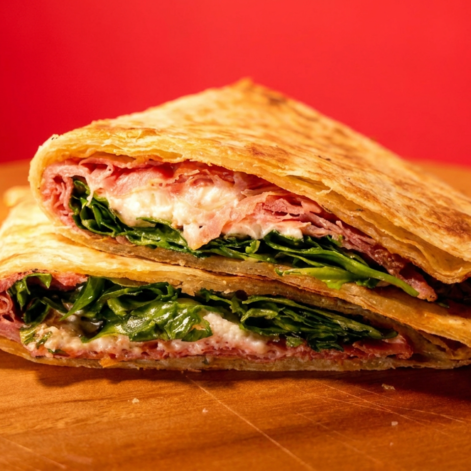 Two halves of a flaky stuffed pastry filled with sliced meat, creamy cheese, and leafy greens on a wooden surface.