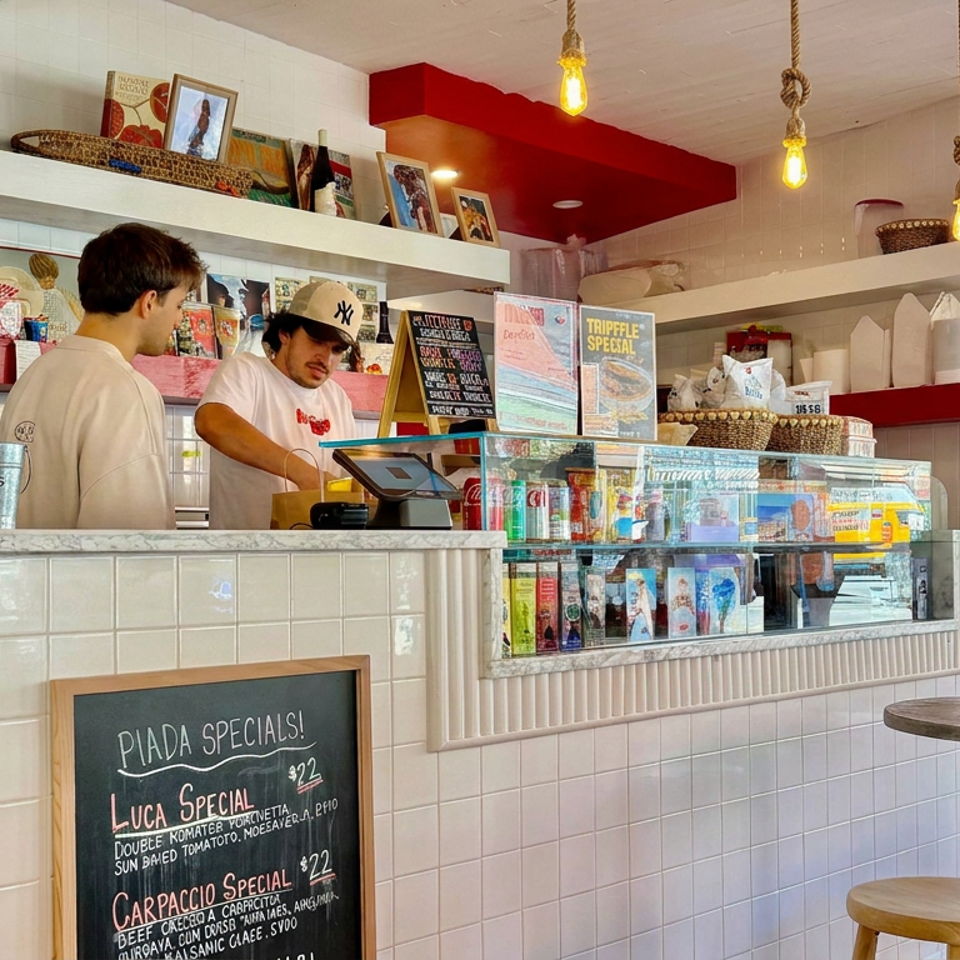 Bright Italian café counter with two staff members, tiled walls, hanging pendant lights, display case, and Piada specials chalkboard.