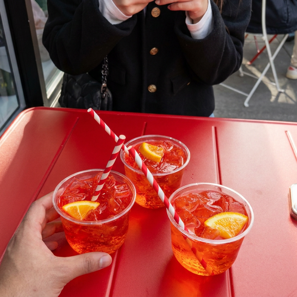 Three orange iced drinks with citrus wedges and striped straws sit on a red café table, with outdoor seating and a phone nearby.