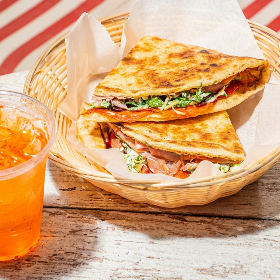 Grilled folded flatbreads filled with vegetables and meat sit in a wicker basket beside an orange iced drink on a rustic table.