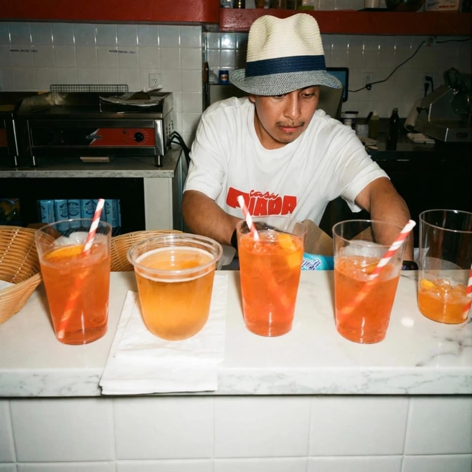 Restaurant worker in a fedora sits behind a counter displaying several orange drinks with striped straws.