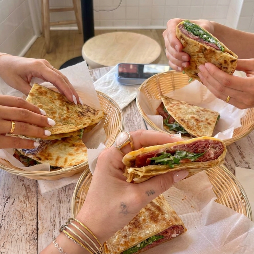 Friends share folded, toasted flatbread sandwiches filled with meat and greens at a rustic restaurant table.